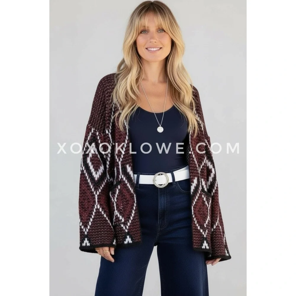 POL Burgundy Diamond Pattern Cardigan | Southwestern Chunky Knit Relaxed Fit - Picture 3 of 9